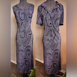 Vintage Set Skirt Top Connected Black Purple Polka Dot Dress M